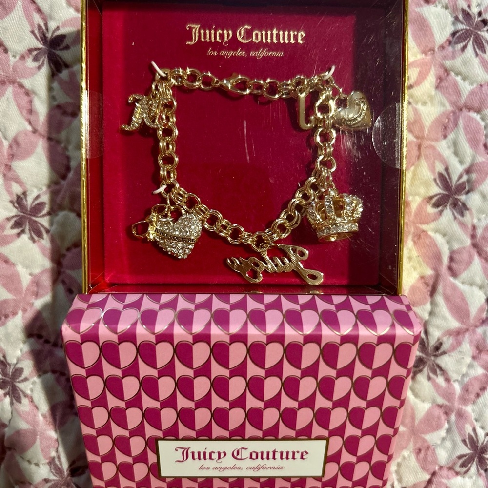 Juicy Couture Gold Charm Bracelet with Heart and Crown
